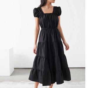 & Other Stories Jacquard Tiered Midi Dress Neutral Black Wedding Guest